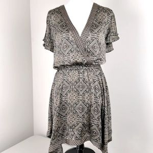 Michael Kors Mosaic print split sleeve short asymmetrical hem faux wrap dress S